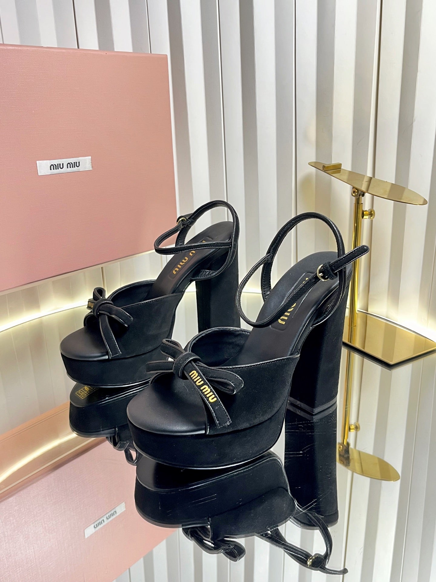 MIUMIU 26S PLATFORM ANKLE STRAP SANDALS 120MM IN BLACK SUEDE WITH BOW
