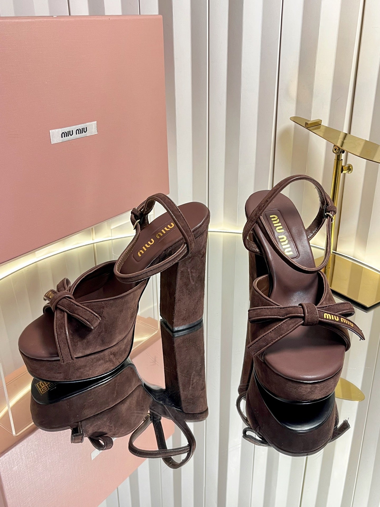 MIUMIU 26S PLATFORM ANKLE STRAP SANDALS 120MM IN DARK BROWN SUEDE WITH BOW