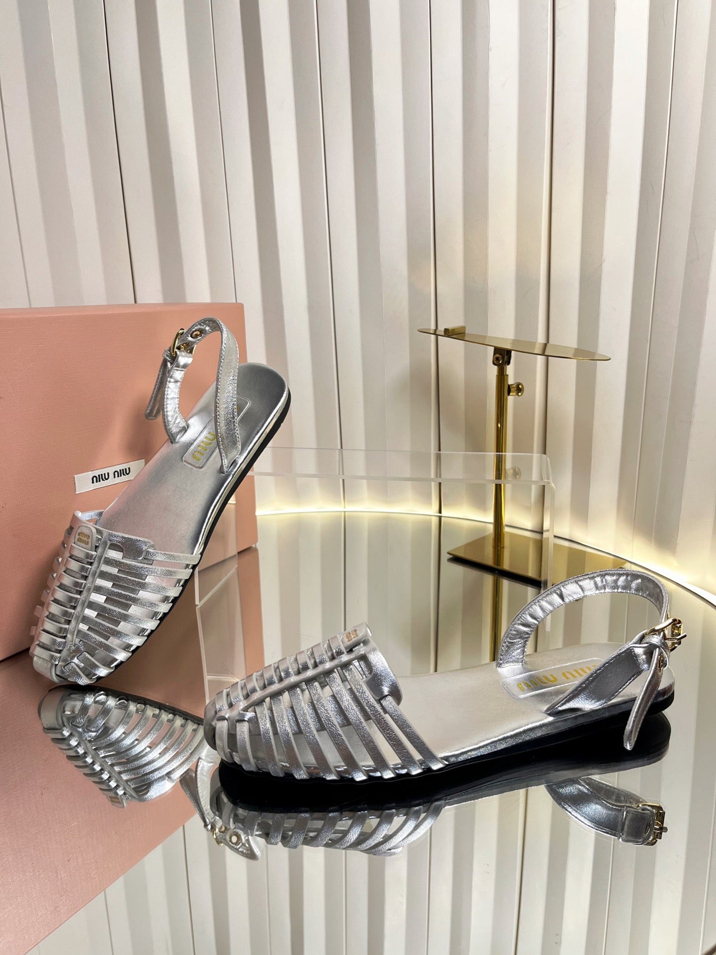 MIUMIU 26S SLINGBACK SANDALS IN SILVER CALFSKIN