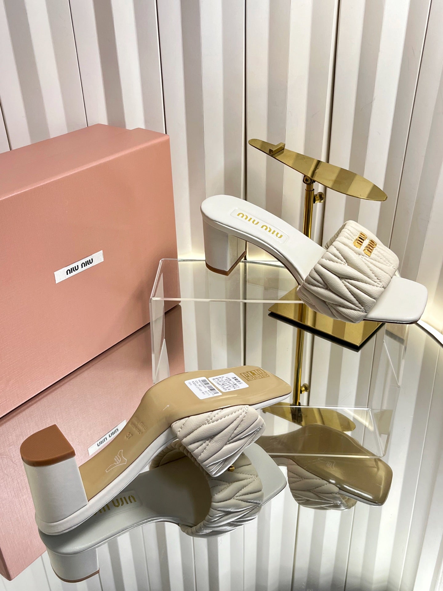 MIUMIU 26S PADDED MATELASSE MULE HEELS 65MM IN LIGHT BEIGE CALFSKIN GOLD HARDWARE