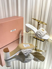 MIUMIU 26S PADDED MATELASSE MULE HEELS 65MM IN WHITE CALFSKIN GOLD HARDWARE