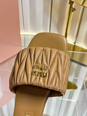 MIUMIU 26S MATELASSE SLIDES IN TAN BROWN CALFSKIN GOLD HARDWARE