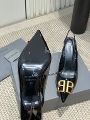 POINTED BB GOLD BUCKLE HIGH SLINGBACK 80MM IN BLACK PATENT CALFSKIN