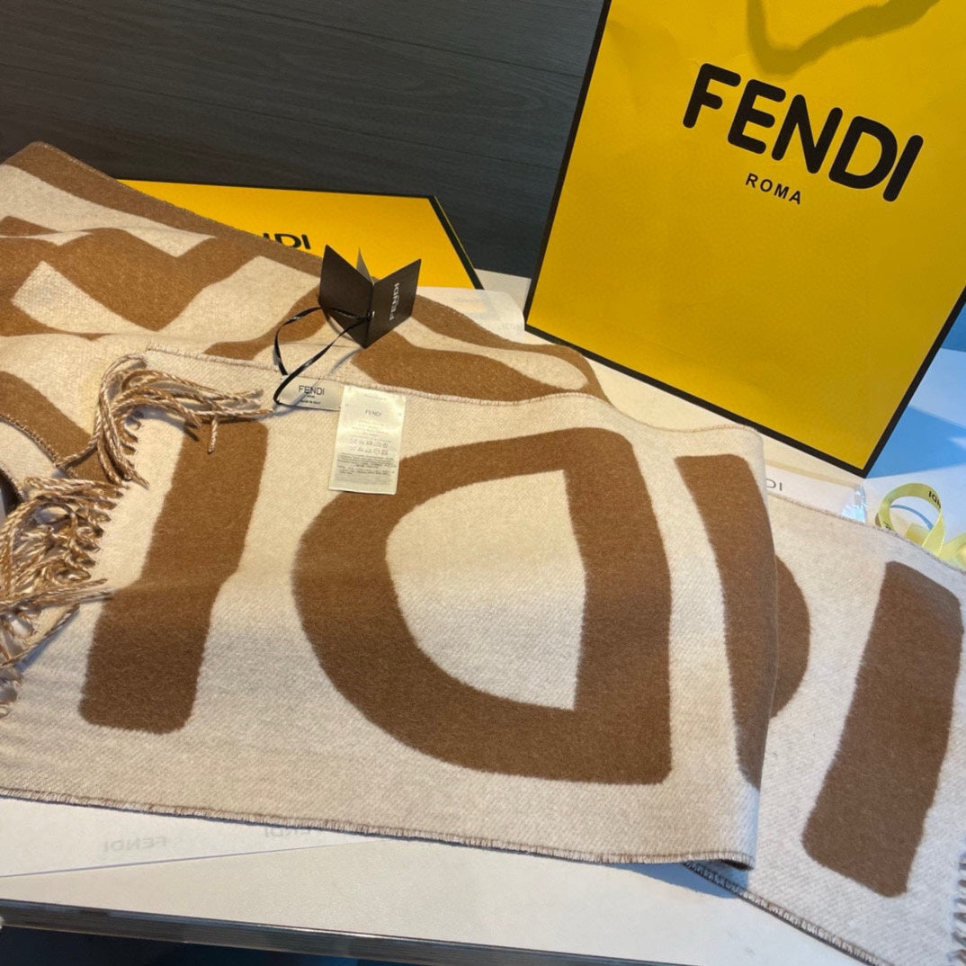 FF 185 CM SCARF IN CARAMEL BROWN MIX WHITE CASHMERE AND WOOL