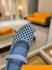 ROMY FLAT BALLERINA IN CERULEAN BLUE MESH PATENT CALFSKIN