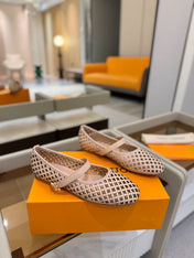 ROMY FLAT BALLERINA IN LIGHT PINK MESH PATENT CALFSKIN