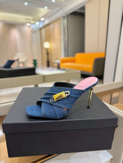 BALMAIN 25S HIGH HEEL SANDALS 95MM IN BLUE DENIM