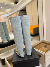 BALMAIN 26S KNEE-HIGH BOOTS 100 MM IN LIGHT BLUE DENIM