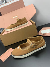 MIUMIU 26S MARY JANE FLATS IN CARAMEL BROWN CANVAS LOGO