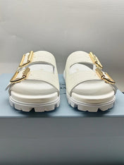 PRADA 26S STRAP SLIDES IN IVORY WHITE CROC EMBOSSED CALFSKIN GOLD HARDWARE