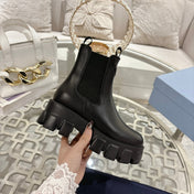 PRADA 26S MONOLITH CHELSEA BOOTS IN BLACK SHINY CALFSKIN AND FABRIC