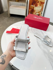 VIV' BY THE SEA MULES IN SILVER CALFSKIN CRYSTAL BUCKLE