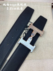 HM H BELT BUCKLE & REVERSIBLE BLACK LEATHER STRAP 38MM SILVER HARDWARE