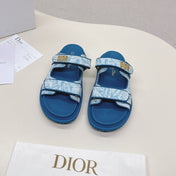 DIOR CLASSIC DOUBLE-STRAP SLIDES 25S IN OCEAN BLUE FABRIC AND CALFSKIN