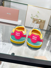 GYMNASIUM BALLERINAS IN GREEN PINK YELLOW TECHNICAL FABRIC AND SUEDE