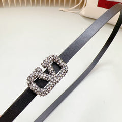 VL Belt 8mm Buckle Silver Diamond Leather Black