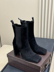 ALAIA 25S ANKLE HIGH-HEELED BOOTS IN BLACK SUEDE AND CANVAS