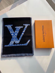 SCARF 200 CM IN BLACK MIX BLUE WOOL 390040