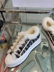 ALK'N PLATFORM SNEAKER CAMEL BROWN COTTON EMBROIDERED WITH OBLIQUE MOTIF AND WHITE SHEARLING