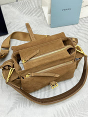 PRADA 25S EXPLORE MEDIUM SHOULDER BAG 30 IN CINNAMON SUEDE WITH FLAP