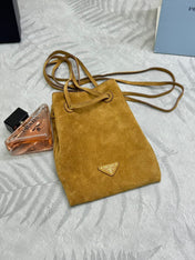 PRADA 25S BUCKET BAG 20 IN LIGHT CARAMEL SUEDE GOLD HARDWARE