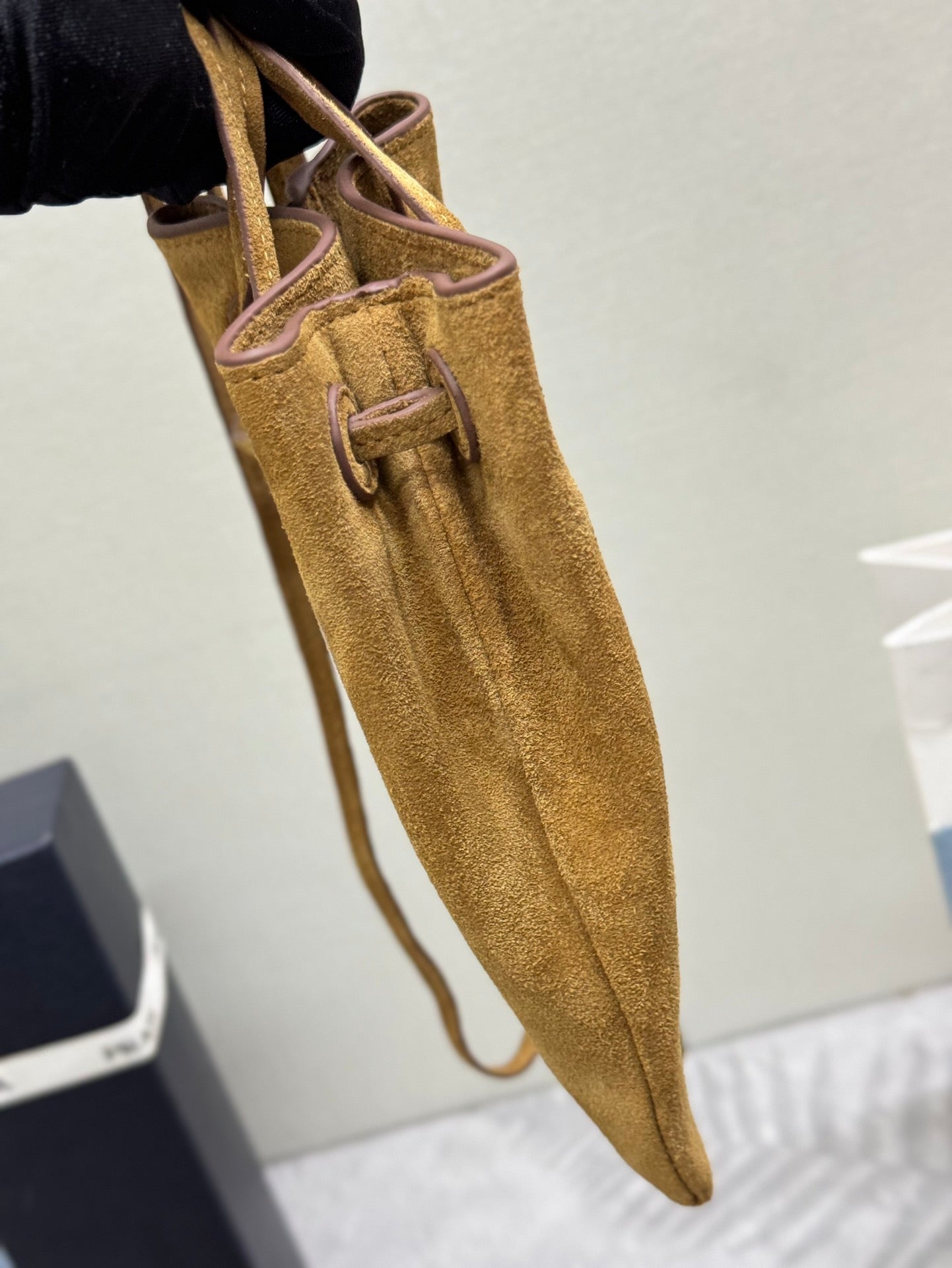 PRADA 25S BUCKET BAG 20 IN LIGHT CARAMEL SUEDE GOLD HARDWARE