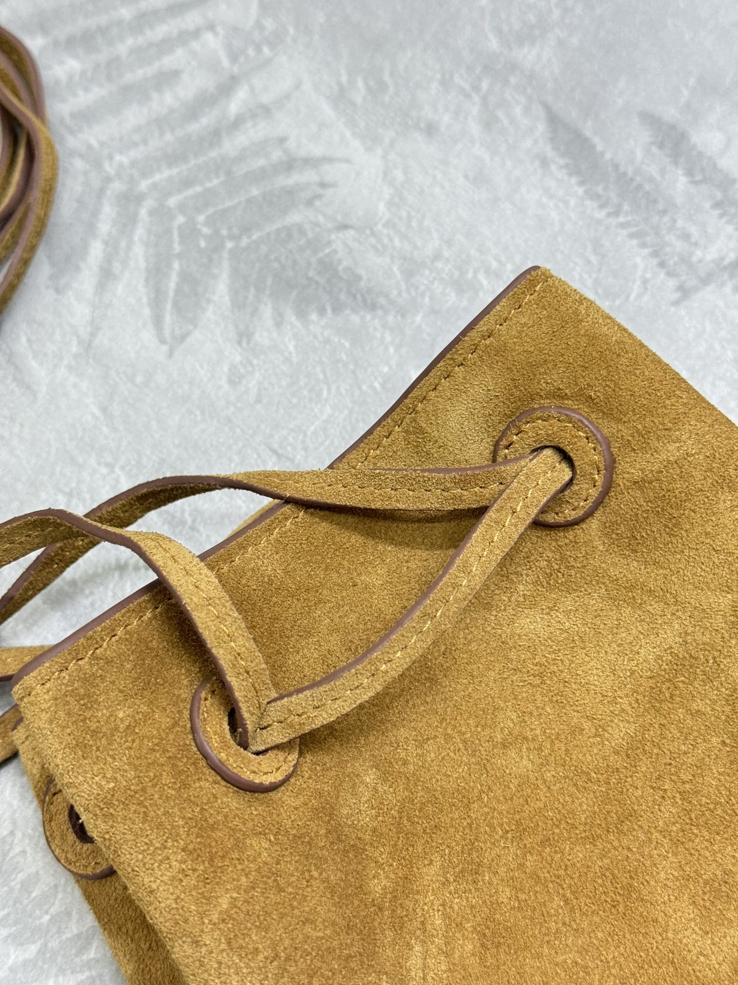 PRADA 25S BUCKET BAG 20 IN LIGHT CARAMEL SUEDE GOLD HARDWARE