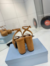 PRADA 26S HEELED SANDALS 115MM IN CARAMEL BROWN SUEDE