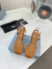 PRADA 26S HEELED SANDALS 115MM IN CARAMEL BROWN SUEDE