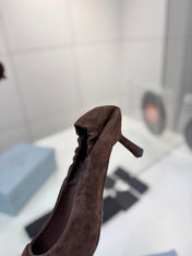 PRADA 26S PUMPS 55MM IN DARK BROWN SUEDE WITH LOGO