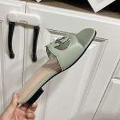 INTERLOCKING G SLIDE SANDAL IN PASTEL GREEN AND BEIGE CALFSKIN