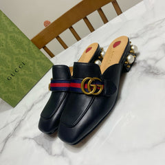 GG HEEL MULES 35 CM IN BLACK CALFSKIN WITH PEARL-EMBELLISHED SOLE