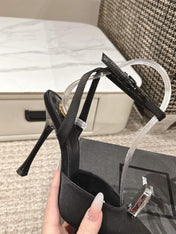 AIMÉE HIGH 75 MM SLINGBACK PUMPS IN BLACK SATIN WITH CRYSTAL