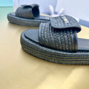 PRA CROCHET SLIDES SLIPPERS BLACK RAFFIA