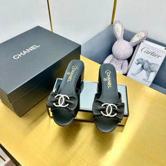 BOWKNOT RHINESTONES MID HEEL MULE IN BLACK CALFSKIN