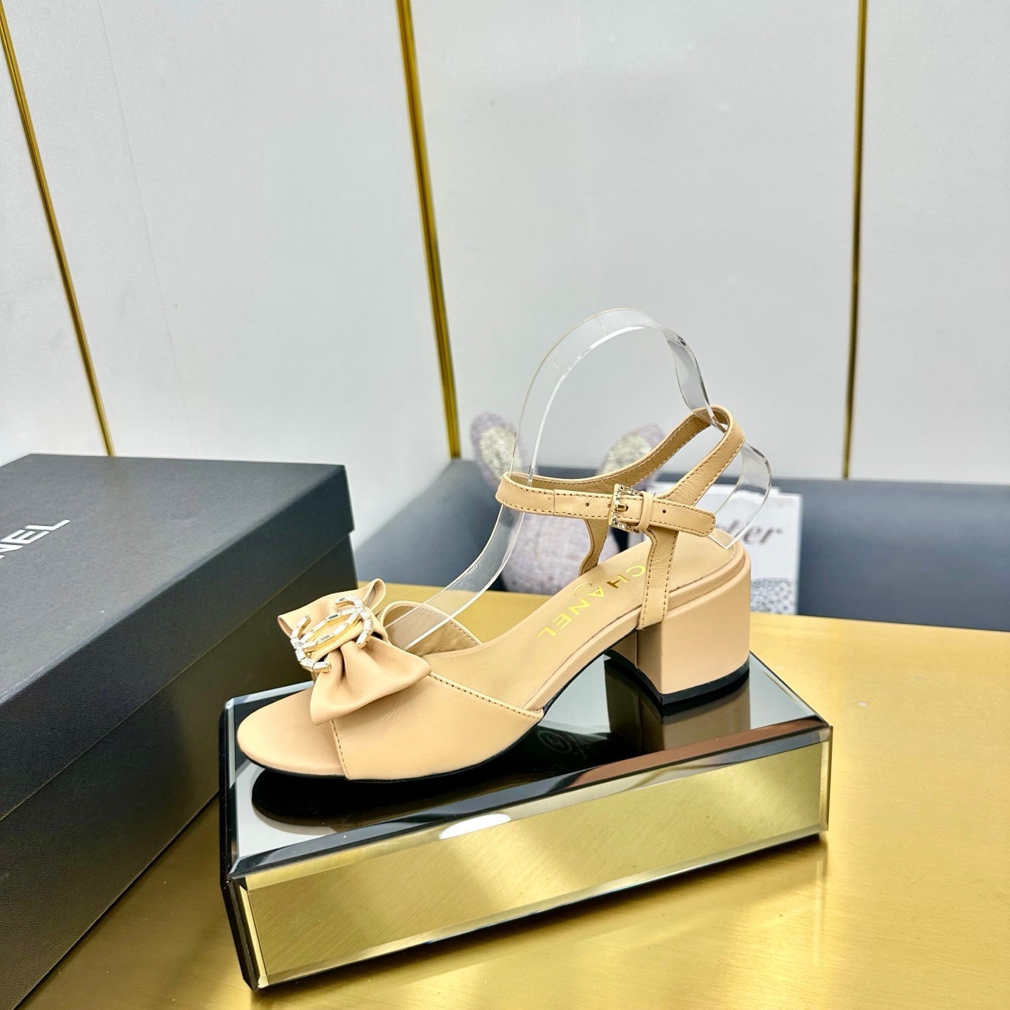 BOWKNOT RHINESTONES MID HEEL SANDAL IN FLAX YELLOW LAMBSKIN
