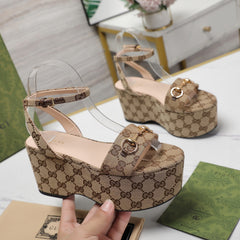 GG  Horsebit Wedges Sandals Brown