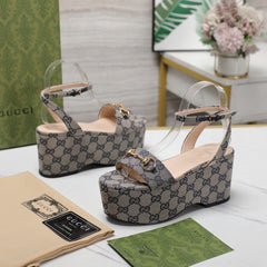 GG  Horsebit Wedges Sandals Grey