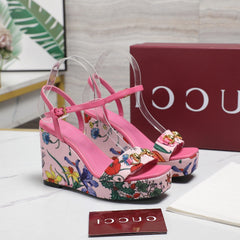 GG WEDGE HEEL SANDALS 100 IN PINK FABRIC FLORAL PRINT