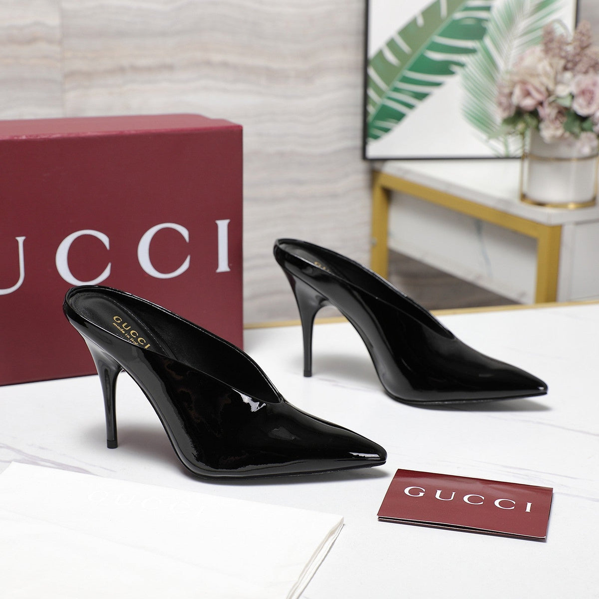 GG HEELED MULES 105 IN BLACK CALFSKIN