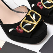 VALENTINO 25S GARAVANI VLOGO SIGNATURE HIGH-HEEL SANDALS 110 MM IN BLACK SUEDE