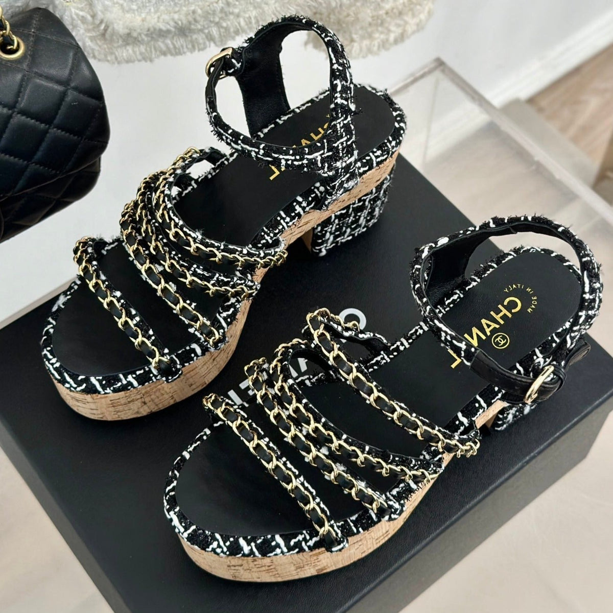 Double C Wooden Chain Platform Block Heel Sandals White Caro/ Black