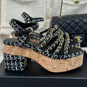 Double C Wooden Chain Platform Block Heel Sandals White Caro/ Black
