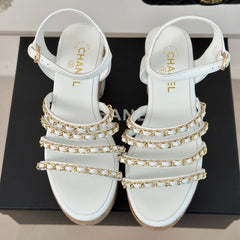 Double C Wooden Chain Platform Block Heel Sandals White