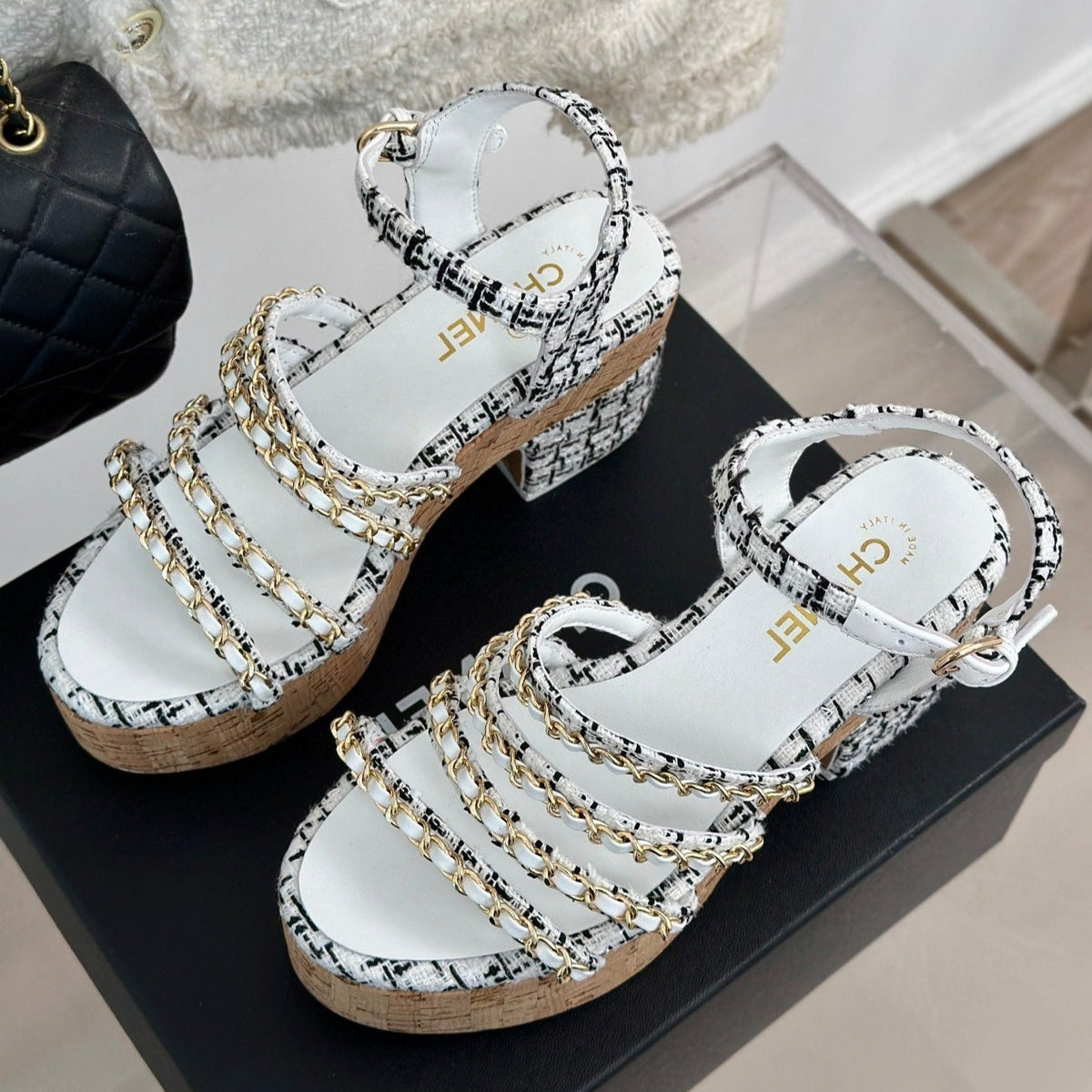 Double C Wooden Chain Platform Block Heel Sandals Black Caro/ White