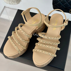 Double C Wooden Chain Platform Block Heel Sandals Beige Cream