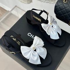 Double CC Big Bow High Sandal Sheepskin Black White