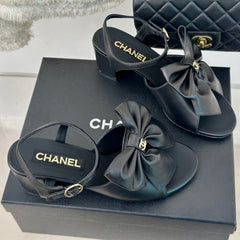 Double CC Big Bow High Sandal Sheepskin Black