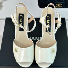 Double C High Heel Sandals Beige Cream Leather
