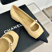 Double C Milan Runway Pointed Toe Mary Jane Shoes Dark Cream Black Lambskin